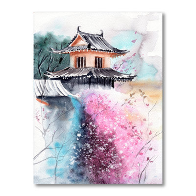 Fleurs de cerisier avec temple japonais - peinture sur toile