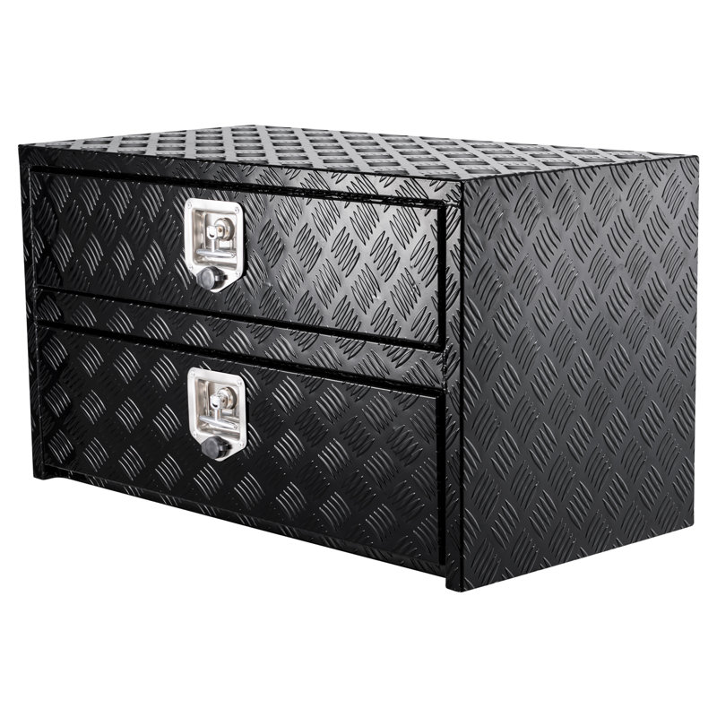 Waterproof Heavy Duty Aluminum Underbody Truck Tool Box with Drawer – Two-Tier Organizer, Lock & Keys for Pickup, Truck Bed, RV, Trailer – Black – 24 x 18 x 20 in