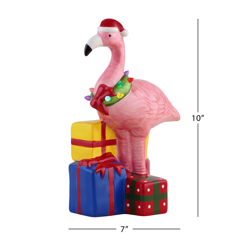 Festive Pink Ceramic Flamingo with LED Wreath and Gifts