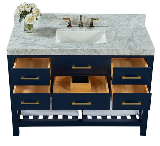 Elizabeth 48'' W Single Vanity, Carrara White, Gold, Heritage Blue