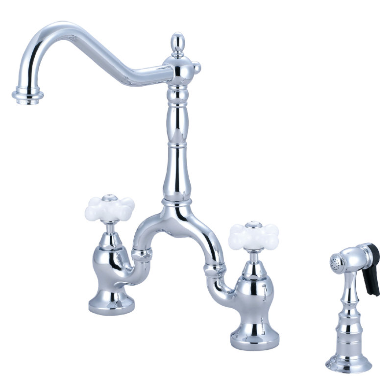 Kingston Brass English Country Two-Handle 3-Hole Deck Mount Bridge Kitchen Faucet with Brass Side Sprayer, Polished Chrome