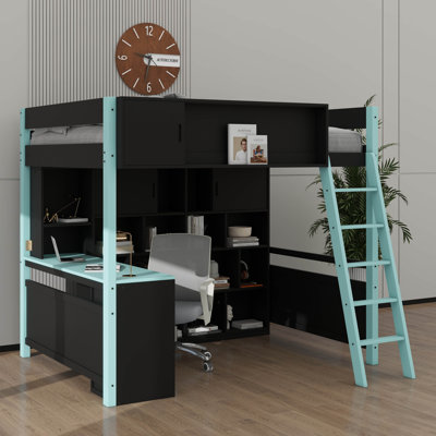 Full-Size Wooden Loft Bed Incorporating Built-In Desk And Drawers, Roomy Gaming Bed With Storage And Lighting Options