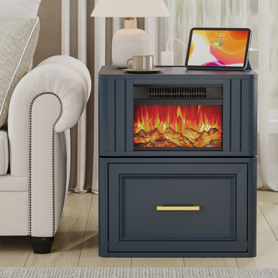 Rotating Electric Fireplace End Table, Charging Station Side Table with Drawer and Open Storage