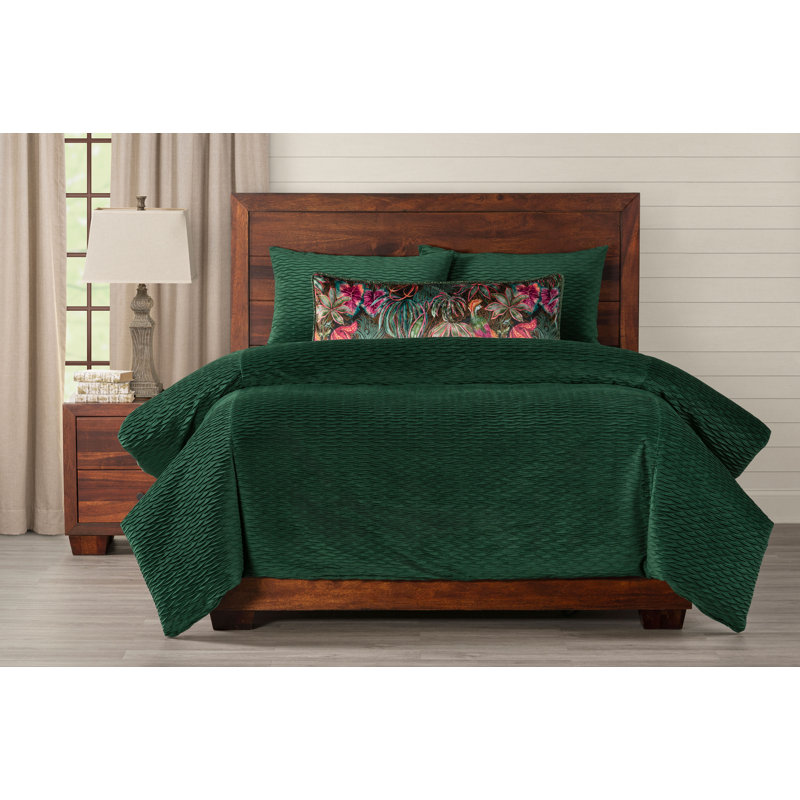 Pleated Velvet Emerald Green Duvet & Insert Set, King Duvet Cover + 2 Shams + 1 Pillow