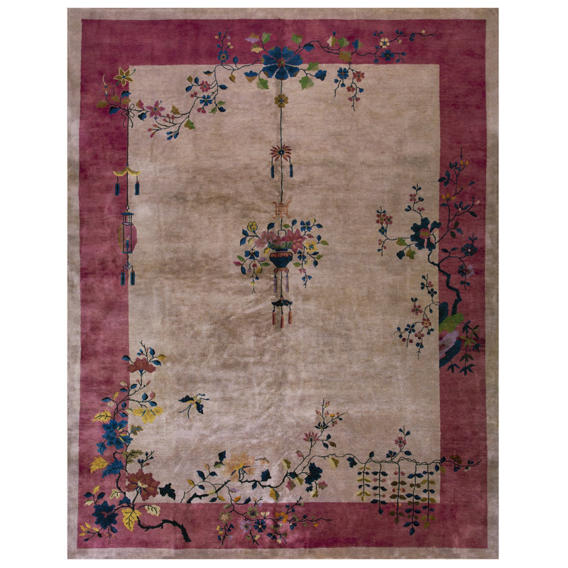 Antique Chinese - Art Deco Room Size Wool Beige, Rose Rug