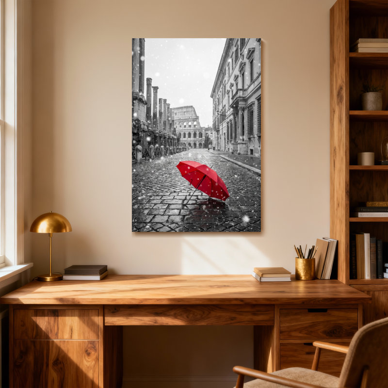 Scénique et paysage urbain parapluie rouge dans la rue romaine enneigée, H 24 po x l 16 po
