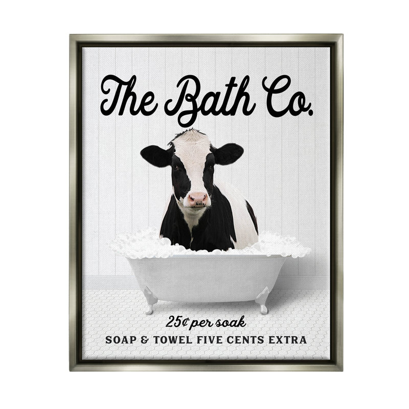 «Bubble Bathaign Cow», art mural encadré sur toile flottante par lettré et doublé, Cadre flottant gris lustré