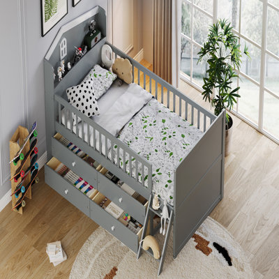 Kishi Bed Frame with Storage 4 Drawers,Wooden Bed Frame for Kids,Platform Kishi Size Bed with Guardrail Headboard and Ladder, No Box Spring Needed, Easy Assembly