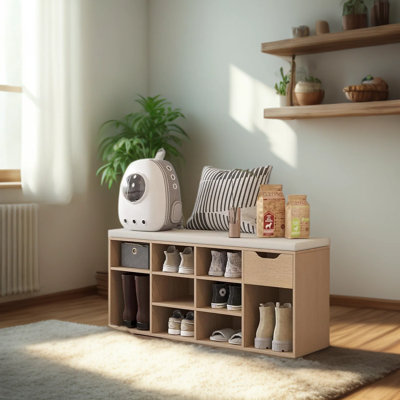 Banc de rangement pour chaussures avec siège rembourré, rangement pour 11 casiers avec tiroir et tablettes réglables, étagère à chaussures robuste pour le salon, la chambre à coucher et le vestibule