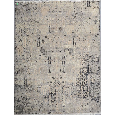 Tapis en laine noué à la main 8 pi x 9 pi 11 po | Tapis de jardin architectural moderne | Tapis transitionnel gris marine | Grand tapis de style fin