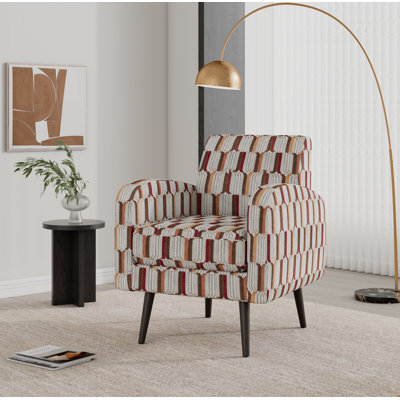 Chaise avec accoudoirs décorative à rayures brun clair, crème et rouge avec pieds en bois massif brun foncé