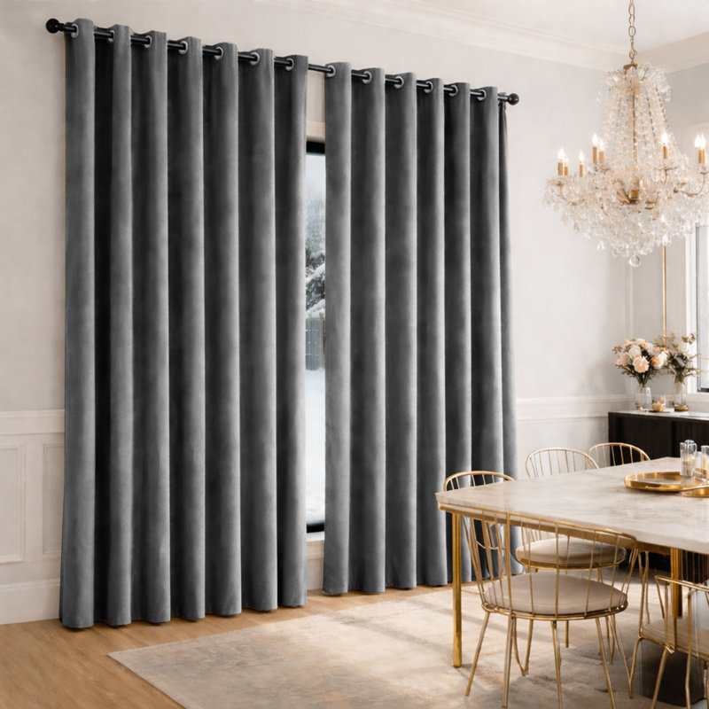 Heavy Velvet Eyelet Ready Made Thermal Drapes & Curtains, 168cm Width x 228cm Drop, Grey