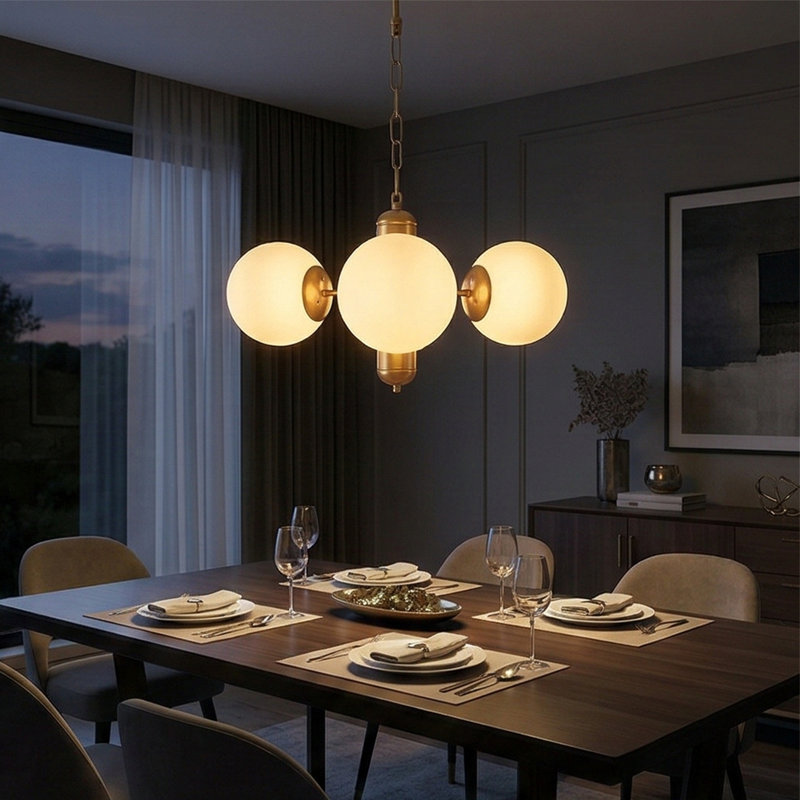 Lustre Luna Trio Mid-Century, Doré, Blanc