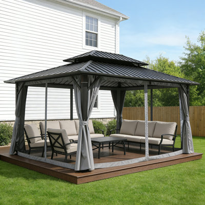 Abri de jardin à toit rigide SeeHill, abri de jardin d'extérieur, abris de jardin à toit rigide en aluminium avec filet et rideau, pergola d'extérieur avec double toit en acier pour terrasse, pelouse et jardin
