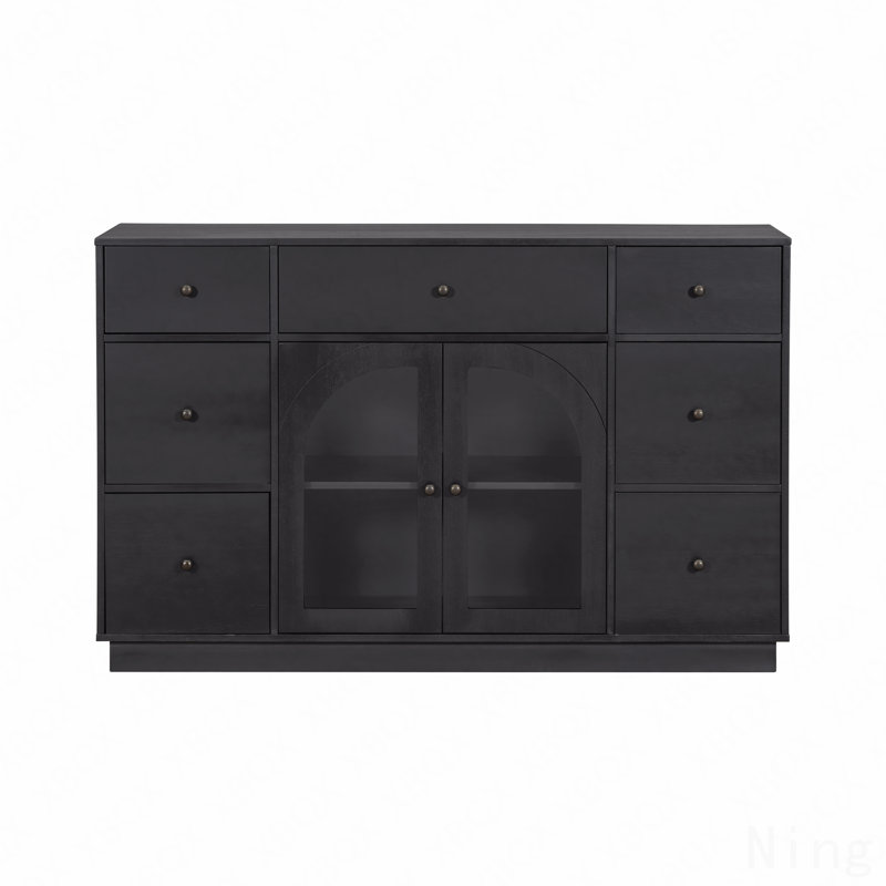 Large Size Accent Storage Cabinet, For Living Room/Dining Room Entrance With 2-Doors And 7-Drawers, Black