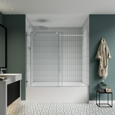 56"-60" W x 63" H  Bathtub Soft Closing Sliding Shower Door,Water Repellent Frameless Shower Door with 5/16" (8mm) Nano Explosion-Proof Film Tempered Glass, Stainless Steel Hardware