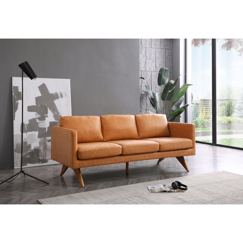 Canapé en cuir 83 po Rykia, Pieds en noyer / coussin brun clair