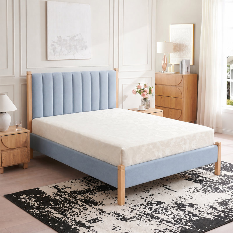 Scandinavian Channel-Tufted Upholstered Bedwith Solid Wood Frame, Queen, Blue Linen, Light Blue, Queen
