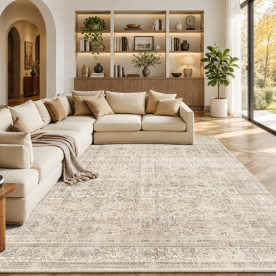 Washable Vintage Distressed Area Rug, Non-Slip & Soft Low Pile Carpet
