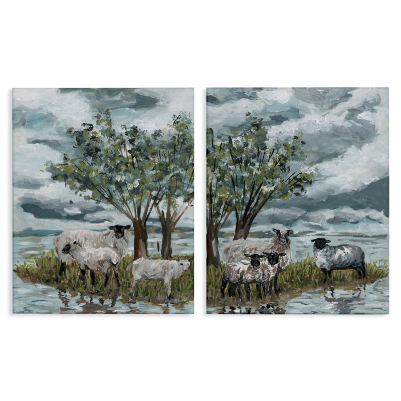 "Sheep in Field", ensemble de 2 toiles murales par Melissa Wang, H 20 po x l 16 po