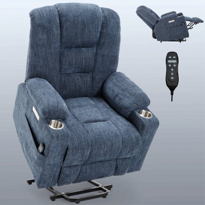 Fauteuil inclinable Power Lift avec massage et chaleur pour personnes âgées, fauteuils inclinables larges, mécanisme de mouvement robuste avec ports USB et de type C, 2 porte-gobelets en acier, bleu