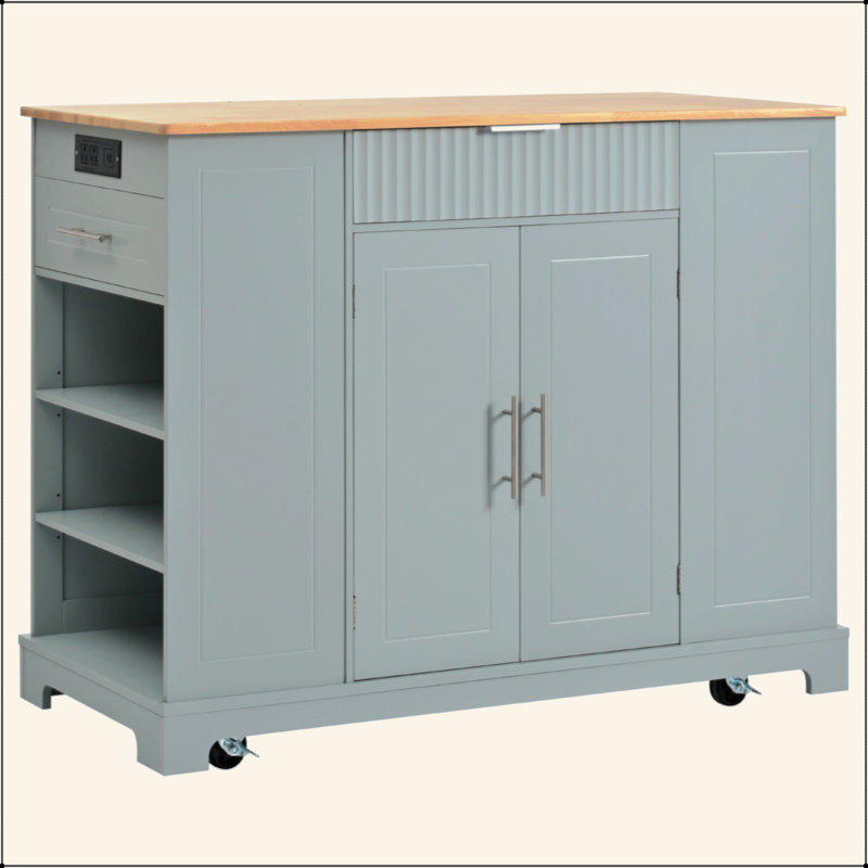 Fluted Kitchen Island With Trash Can Storage Cabinet, Power Outlet, Internal Storage Rack, Rolling Kitchen Islands On 5 Wheels With 3 Drawer, 3 Open Side Racks For 10 Gallon Garbage Bin