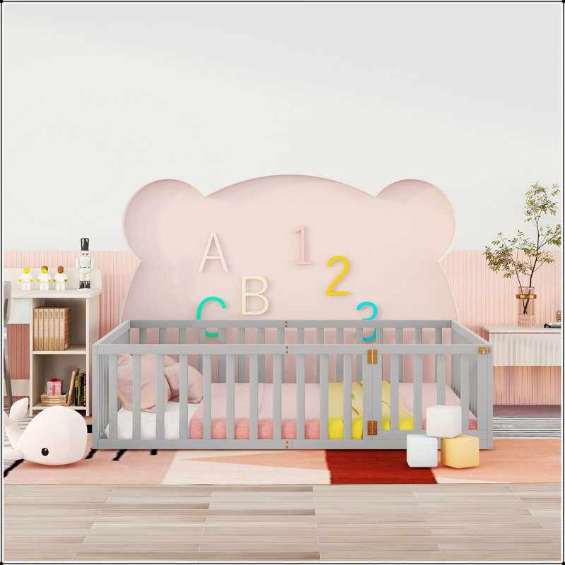 Stylish Solid Pine Wood Daybed Frame With Fence And Door, Perfect For Comfort And Aesthetic Appeal, Queen, Gray