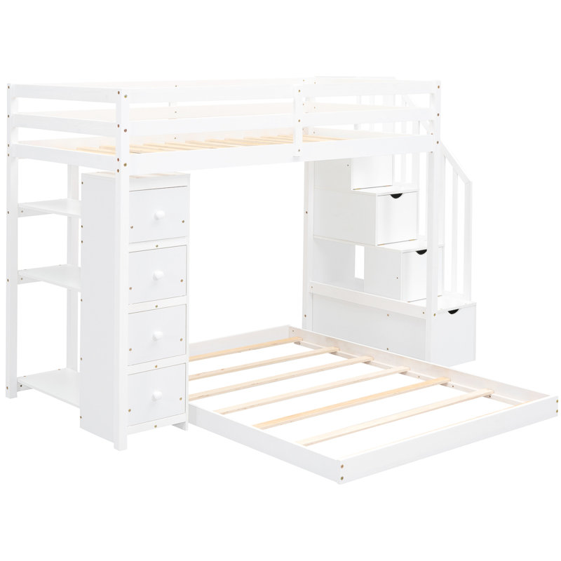 Lit superposé simple au-dessus d'un lit double en blanc - Maximisez l'efficacité de la pièce avec des tablettes, des tiroirs et des escaliers à 3 couches