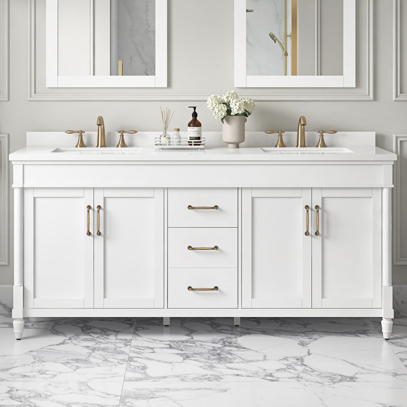 Salisbury 72" Pure White Double Sink Bathroom Vanity with Brass Hardware