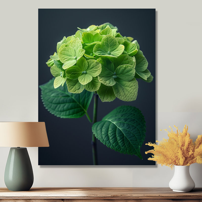Élégant emblème vert gris hortensia, art mural hydrangées, Sans cadre, métal, H 12 po x l 20 po