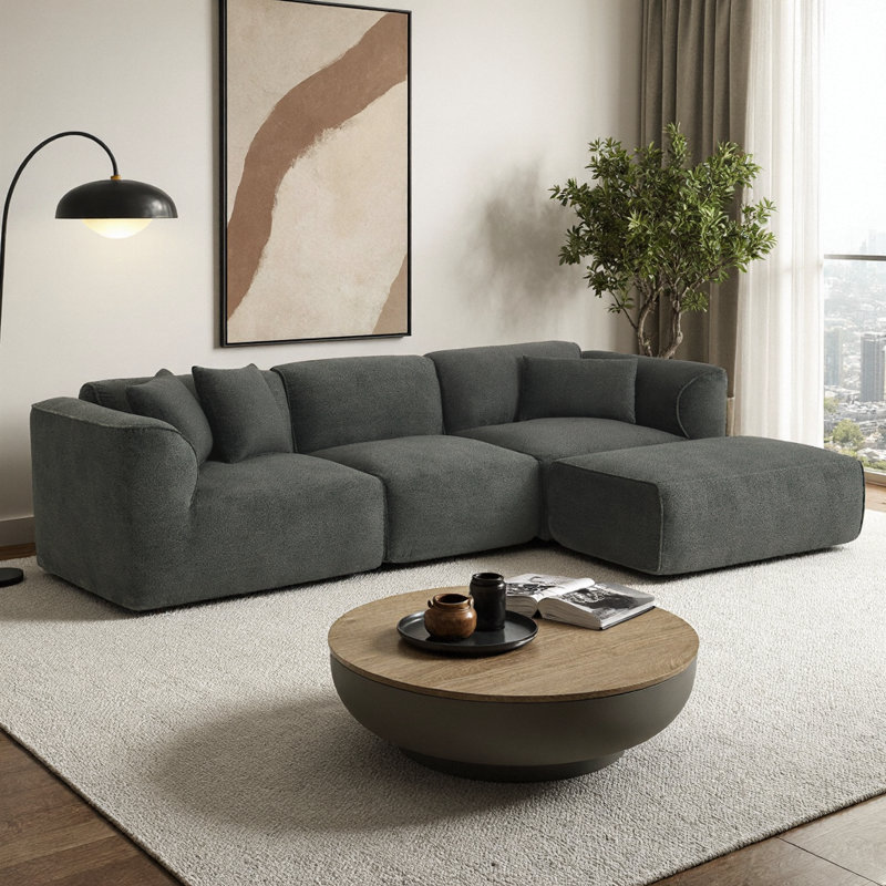 Luxury 4-Seater Velvet Sofa Set with Ottoman & Pillows, Beige Polyester, Greyish Green