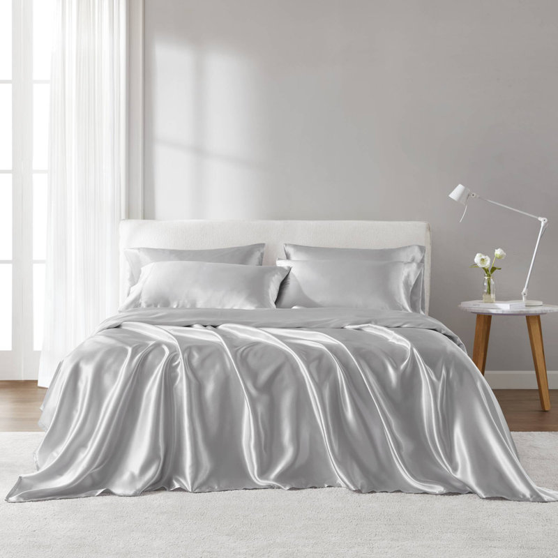 Ensemble de draps en satin de luxe, Gris clair, Housse de couette simple + 3 pièces supplémentai