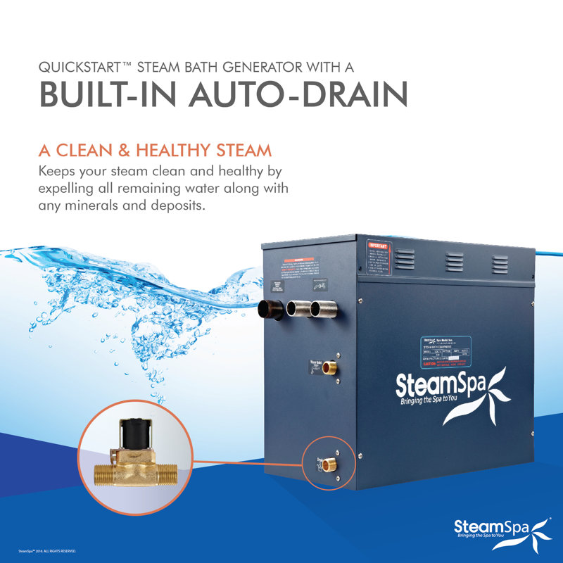 Ensemble de générateur de bain à vapeur 10,5 kW à démarrage rapide Steamspa Royal Series avec drain automatique intégré en or brillant
