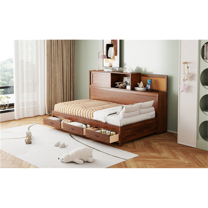 Lit de jour en bois avec 3 tiroirs de rangement, Noyer, Lit simple