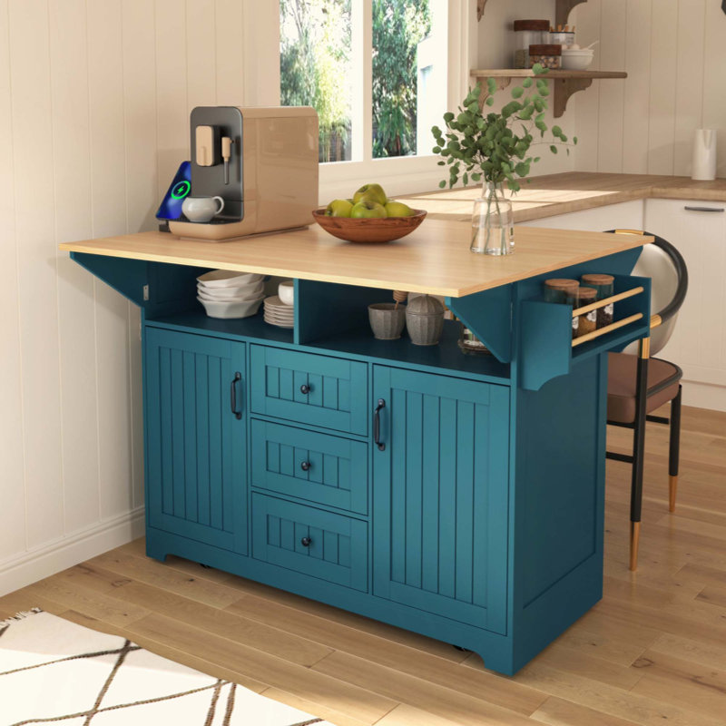 Kitchen Island With 2 Drop Leaf,, Rolling Kitchen Cart On 5 Wheels With Power Outlet, Folding Storage Dining Table With Spice & Towel Rack , 3 Drawers, For Kitchen, Dining Room