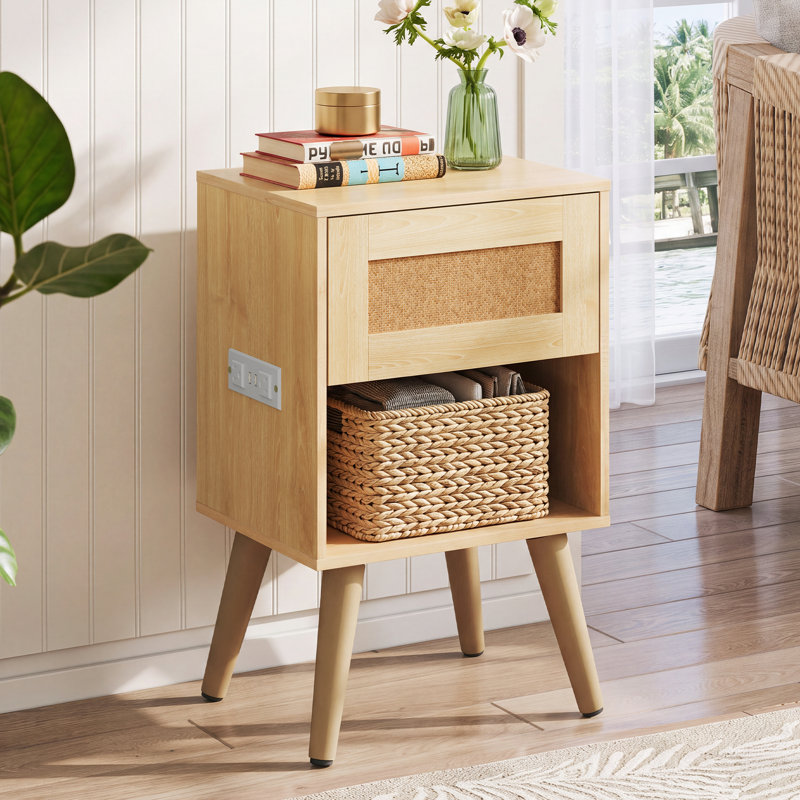 Table de chevet en rotin avec station de chargement, petite table d'appoint, tables de chevet de style Mid-Century avec rangement de tiroir et tablette