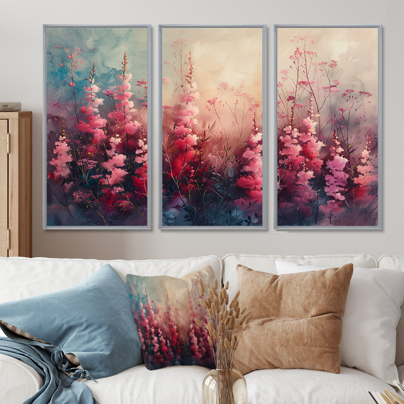 Lupin rose, fantaisie florale - ensemble de salon, Toile argentée avec cadre flottant, H 40 po x l 60 po x P 1 po