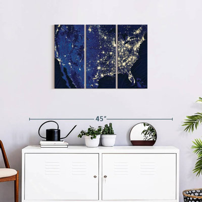 «USA Map Night Lights USA Map», reproduction sur toile 3 pièces par Echoes of America