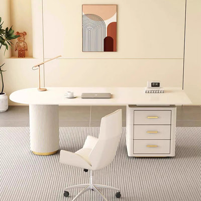 White Half-circle Sintered Stone+Manufactured Wood with 3 drawers desk by Groove Interior