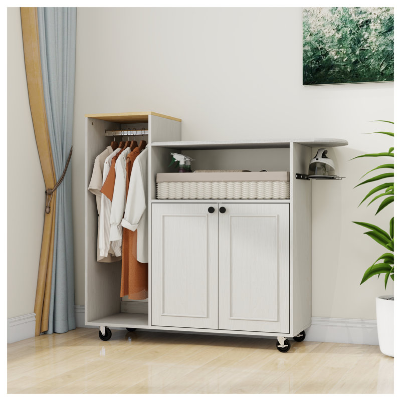 Chariot à repasser à roulettes antique blanc avec planche à repasser - Armoire à repasser polyvalente avec roulettes et tablette réglable, solution de repassage compacte pour la salle de lavage et la chambre