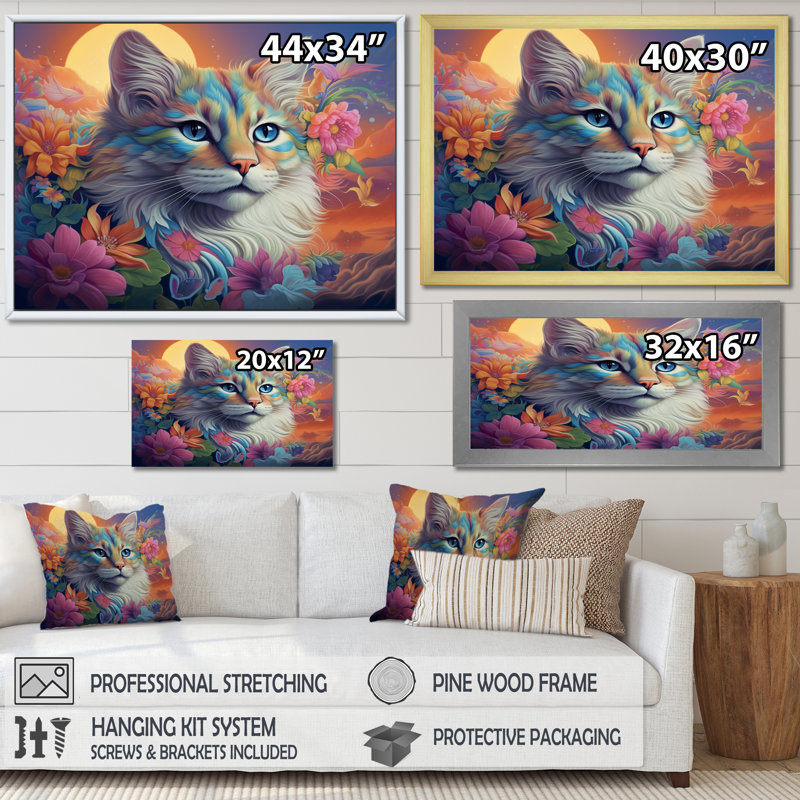 Reproduction sur toile d'un chat psychédélique arc-en-ciel avec des fleurs de pleine lune, H 30 po x l 40 po x P 1,5 po