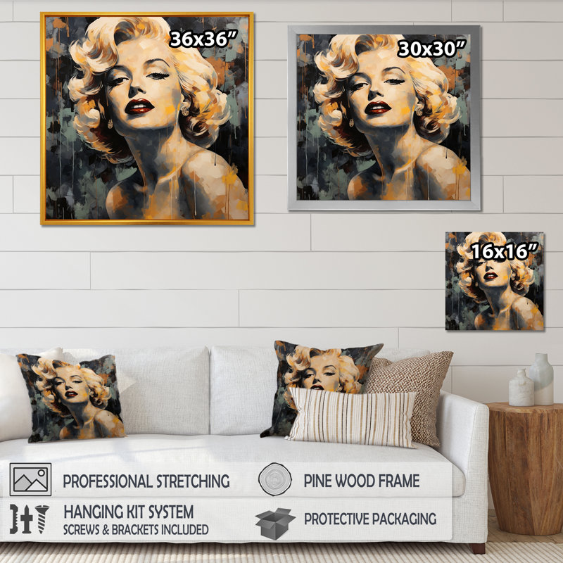 Art mural rétro femme jaune et beige Marilyn Manroe III, H 36 po x l 36 po x P 1,5 po, Toile tendue