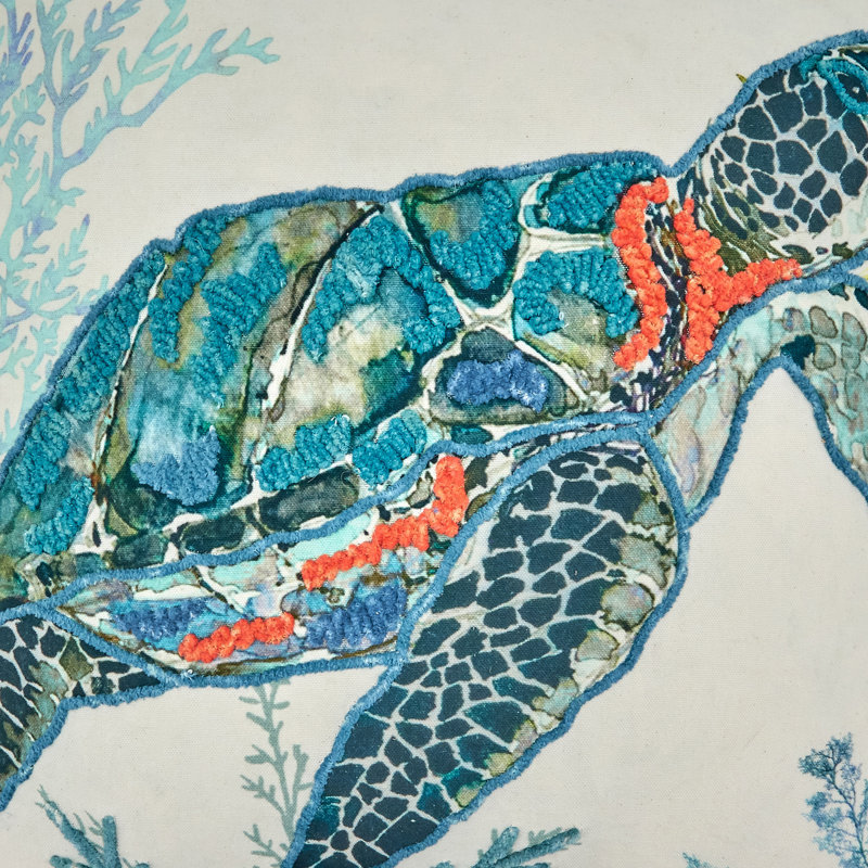 Sea Turtle Embroidered Square Throw Pillow, 20" Multicolor