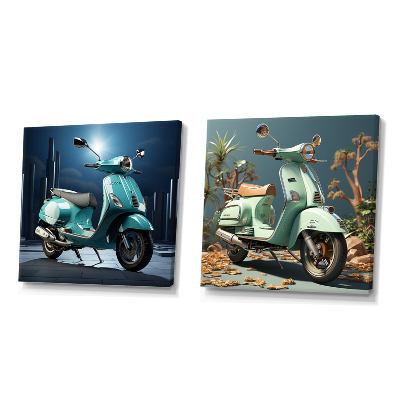 Vintage Vibrant Scooter - Ensemble de 2 collages carrés, H 16 po x l 33 po, Toile tendue