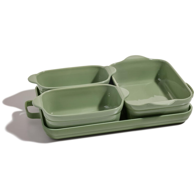 Sage Green Ceramic 5-Piece Bakeware Set with Oven Mat