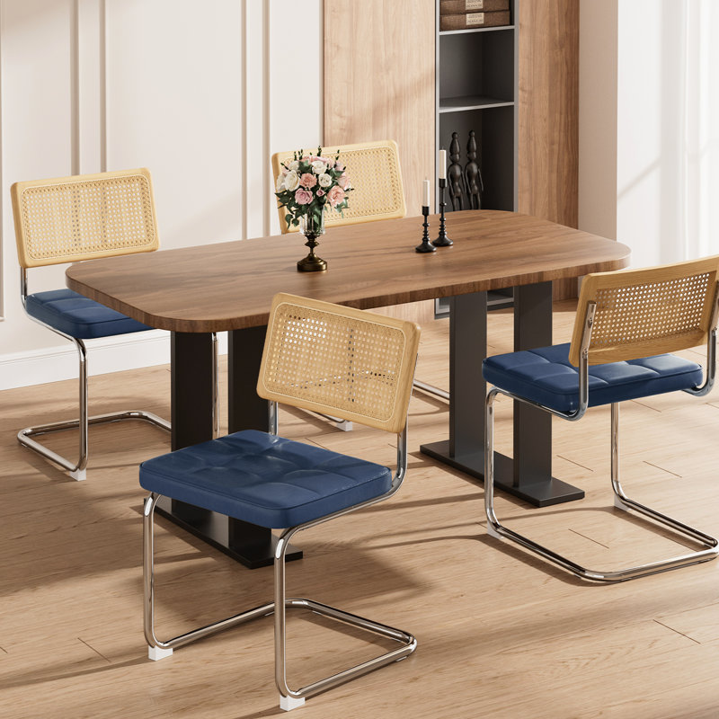 Chaises de salle à manger en similicuir naturel et bleu, design Mid-Century confortable pour l'esthétique de la cuisine, dossier en bois massif