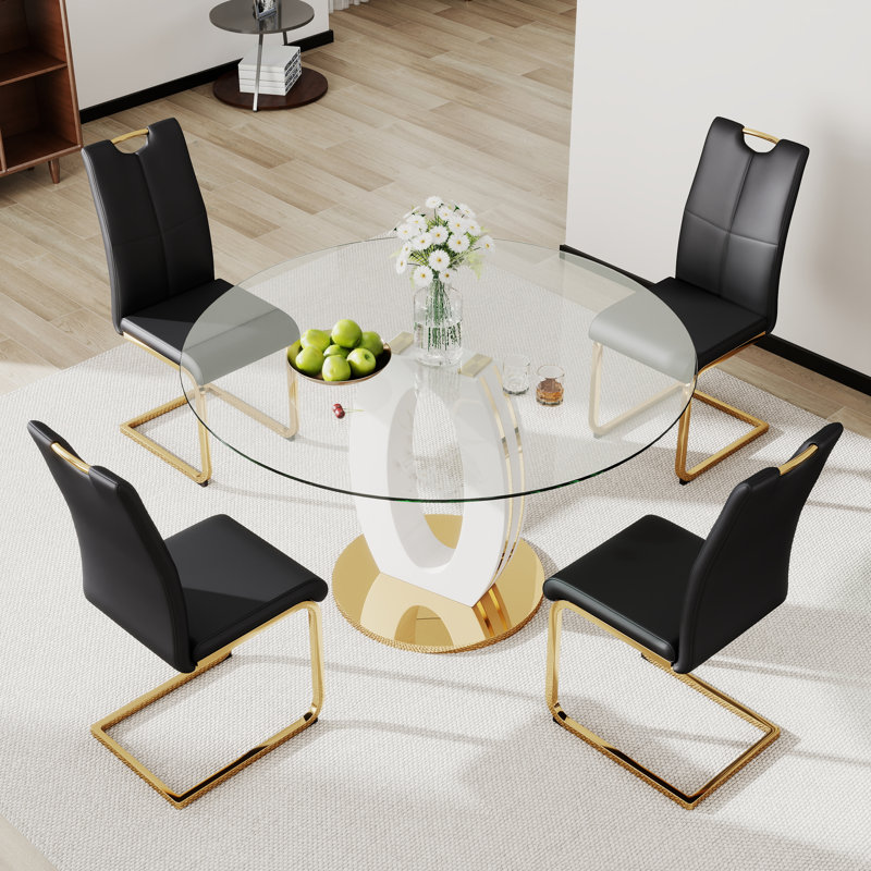 Ensemble de table de salle à manger haute brillance pour 4 à 6 personnes, 5, Blanc / Doré, Noir et or