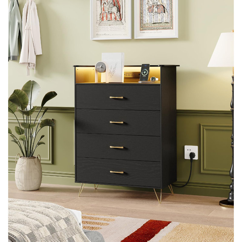 4-Drawer Wooden Dresser with LED Lights & Charging Station, Modern App-Controlled Storage Cabinet for Living Room, Black