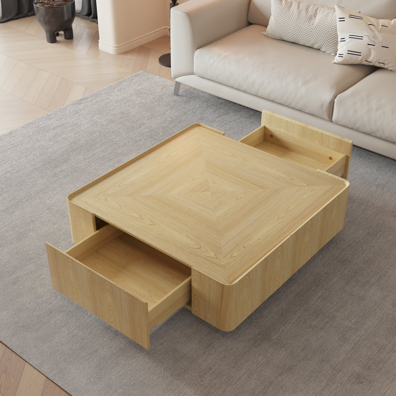 Table basse simple carrée en noyer avec rangement, H 15,75 po x l 35,43 po x P 35,43 po, Bois de chêne