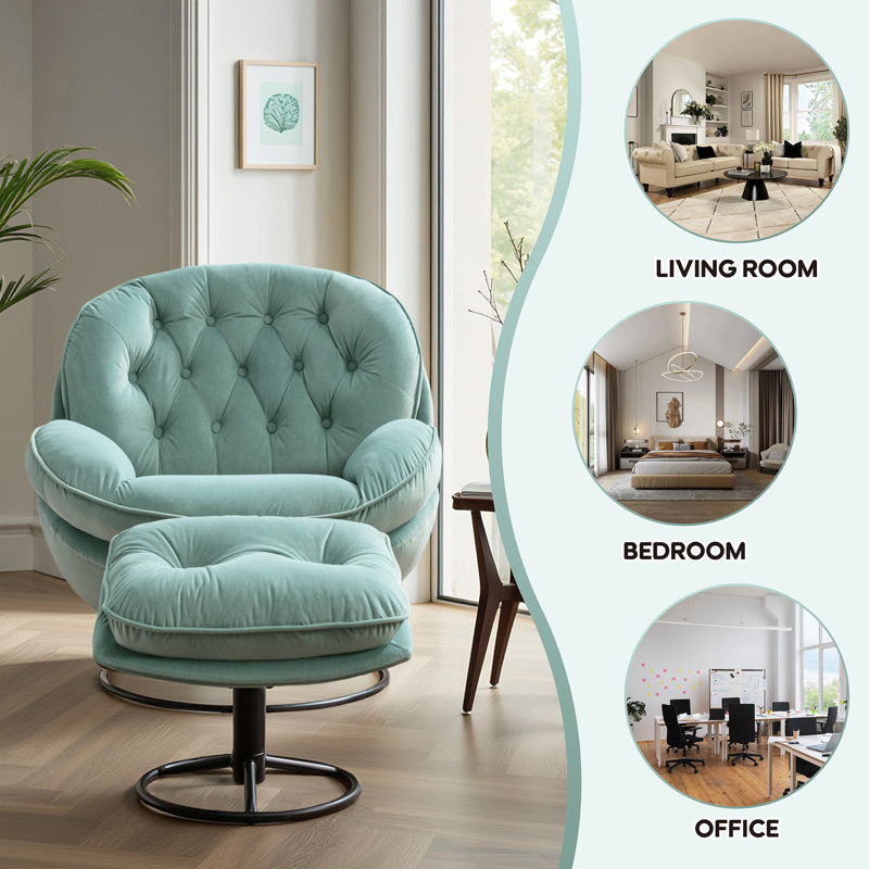 Anouk Tufted Back Type Swivel Base Accent Chair with Ottoman, Mint Green Velvet